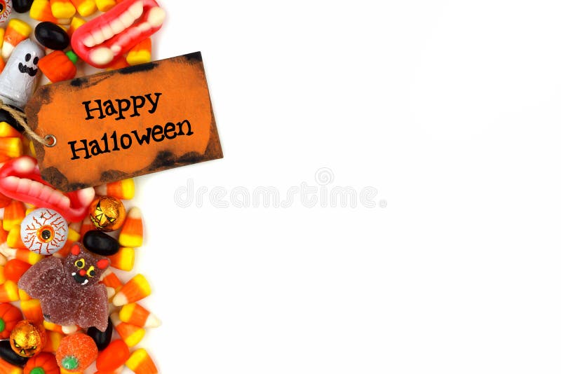 Happy Halloween tag with candy side border over white