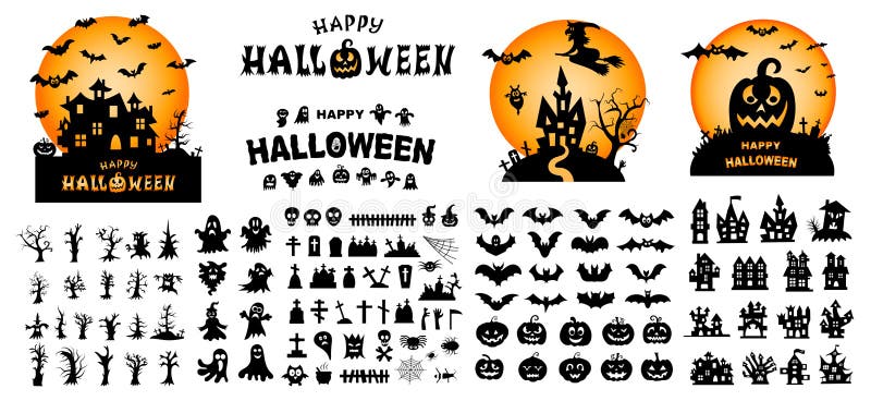 Happy Halloween Text Banner. Set of silhouettes of Halloween on a white background. Vector illustration