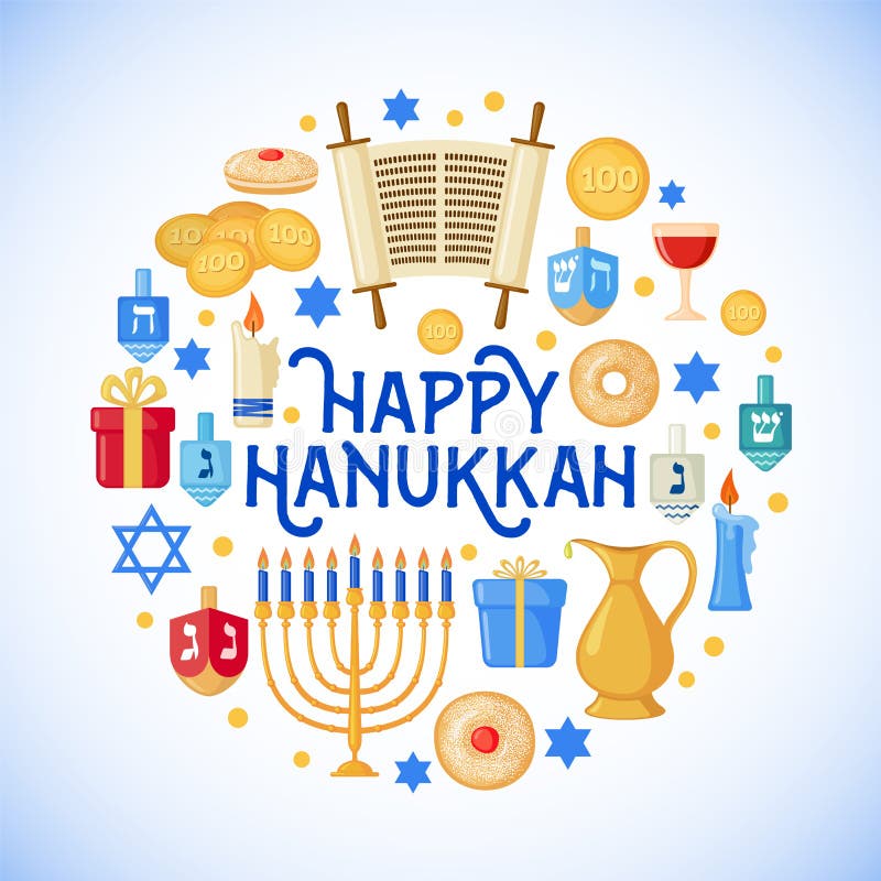 Happy Hanukkah greeting card in flat style isolated. 