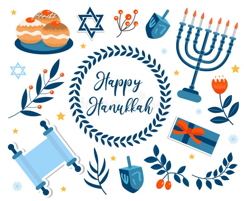 Collection of Design Elements for the Jewish Holiday  with Menorah, Torah, Sufganiyot, 