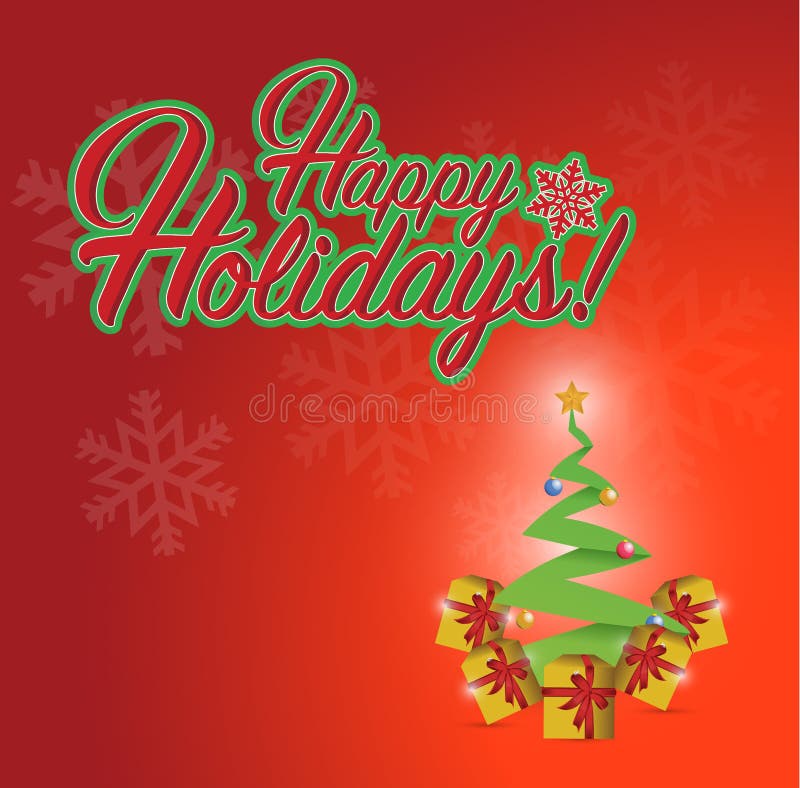 Happy Holiday Christmas and Tree Presents Stock Illustration