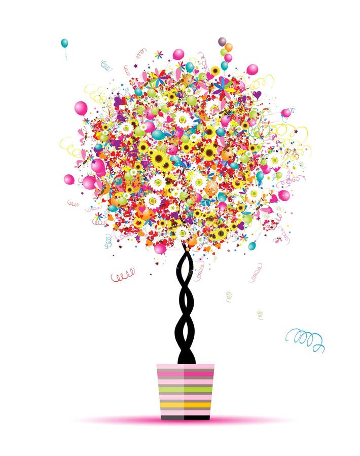 Happy holiday, funny tree with balloons in pot vector illustration