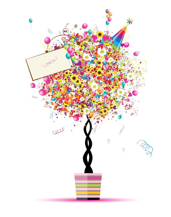 Happy holiday, funny tree with balloons in pot vector illustration
