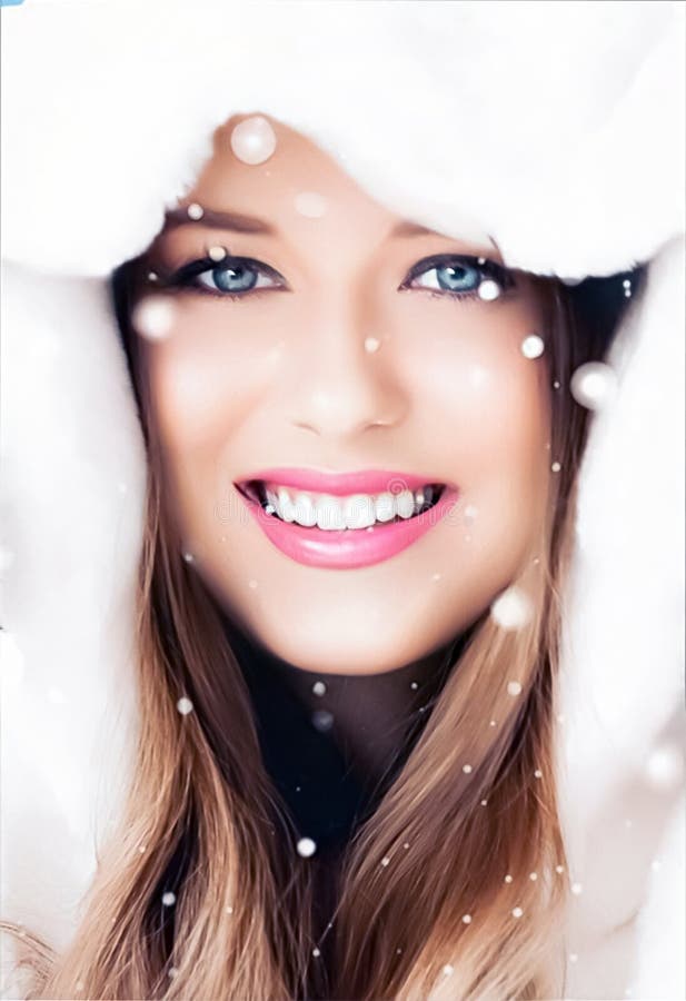 Happy holidays, beauty and winter fashion, beautiful woman wearing white fluffy fur coat, snowing snow as Christmas, New
