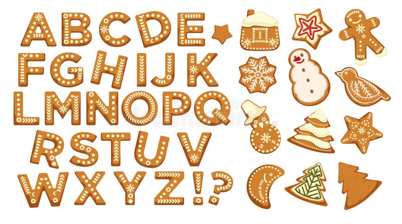 Happy holidays, Christmas abc letters font, graphic design vector. Signs in form of bakery with ginger, gingerbread man and star, house and pine tree, cookies set. Celebration alphabetical icons