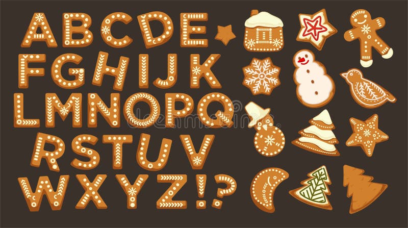 Happy holidays, Christmas abc letters font, graphic design vector. Signs in form of bakery with ginger, gingerbread man and star, house and pine tree, cookies set. Celebration alphabetical icons