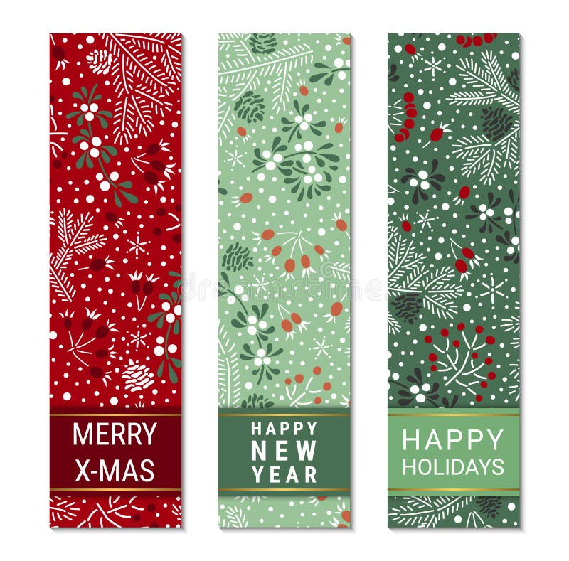 Happy holidays, New Year, Merry X-mas colorful ornate vertical banner template set.