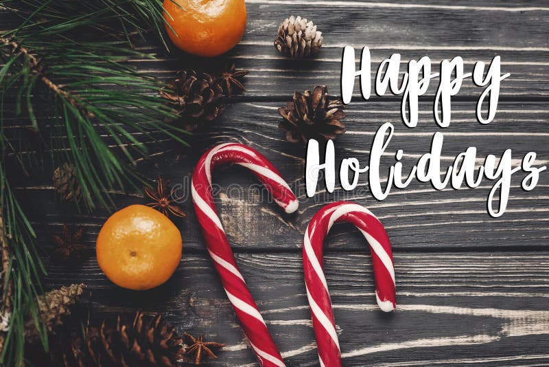 Happy holidays text sign, greeting card. christmas flat lay. can royalty free stock image