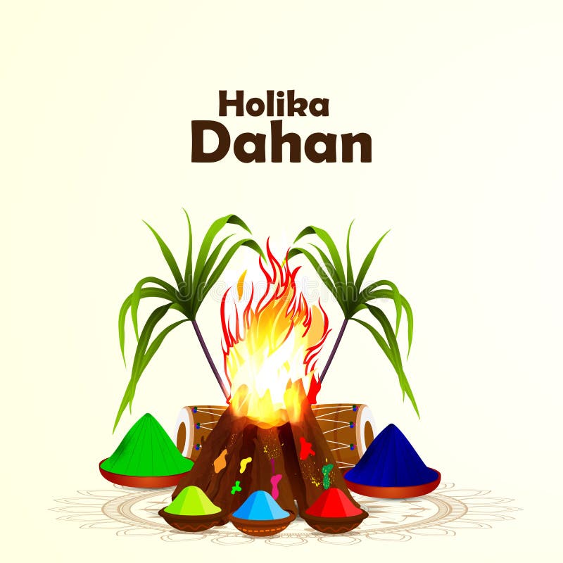 Happy Holika Dahan . Holika Dahan Holi Card with Bonfire and Wheats and ...
