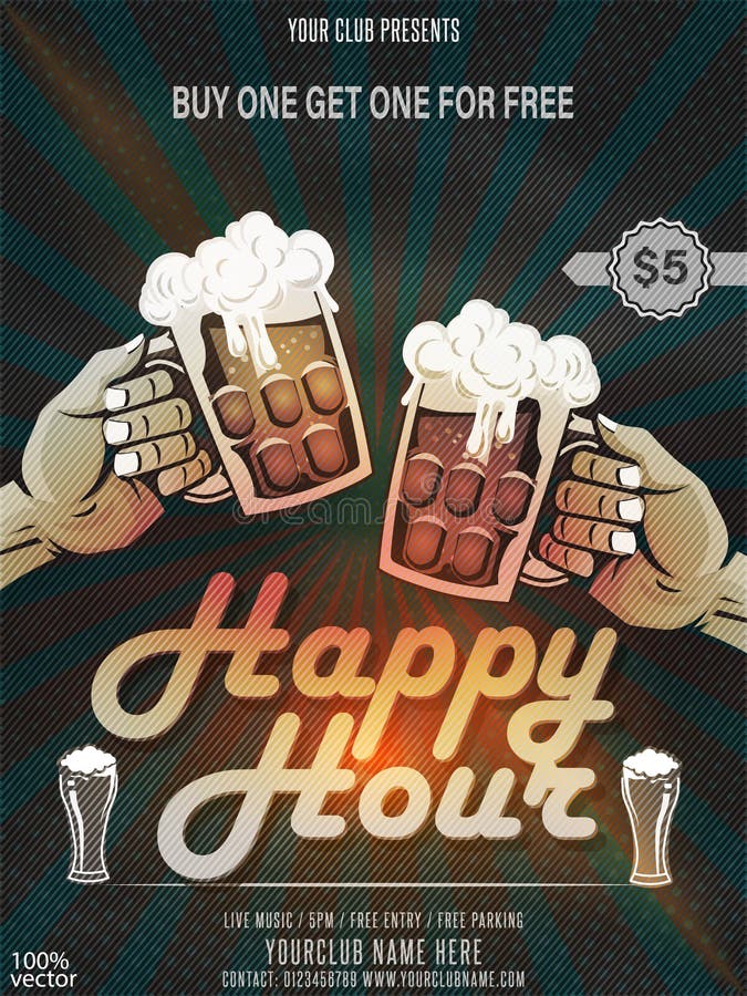 Happy Hour Cartoon Poster Design With An Illustration Of A Hand With A Mug Of Beer On An Abstract Gray And Black Background Vector