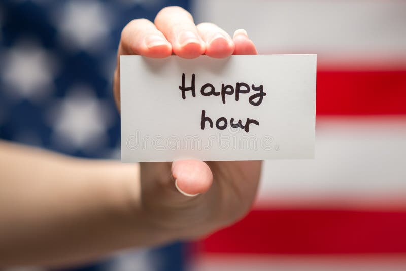 Happy Hour Text On A Card. American Flag Background Stock Photo Image