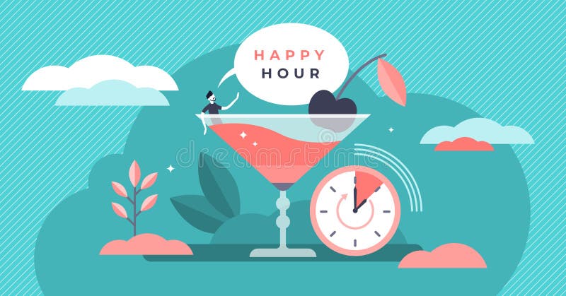Happy hour vector illustration. Flat tiny free alcohol time persons concept royalty free illustration