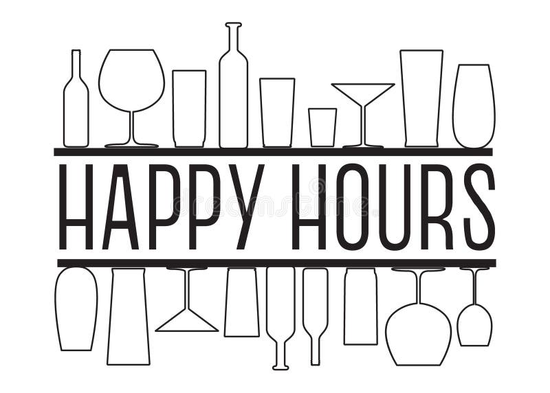 Happy hours black and white vector text with countour glasses