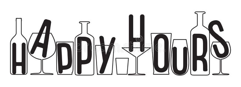 Happy hours big text above empty glasses and bottles silhouette.
