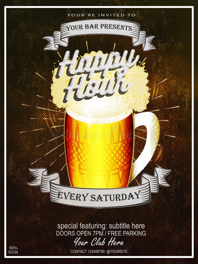 Happy Hours flyer, banner or template design with beer glass on chalkboard brown background.