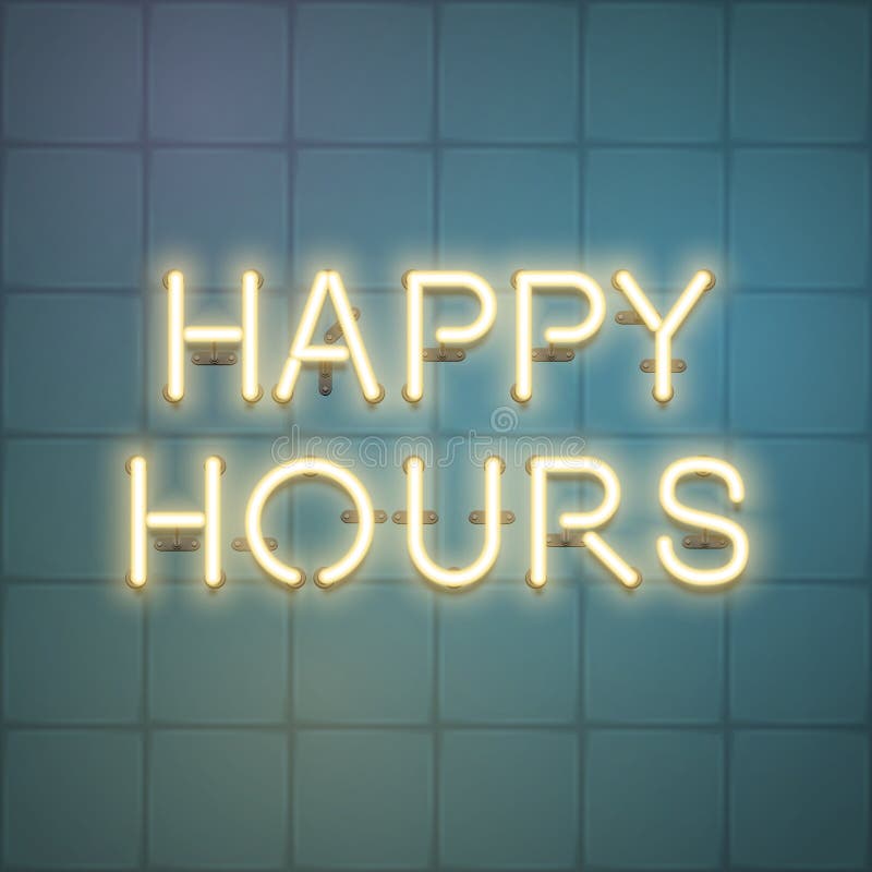 Happy hours sale vector advertisement, glowing neon realistic te