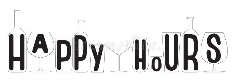 Happy hours. Transparent bottles and glasses silhouettes.Vector