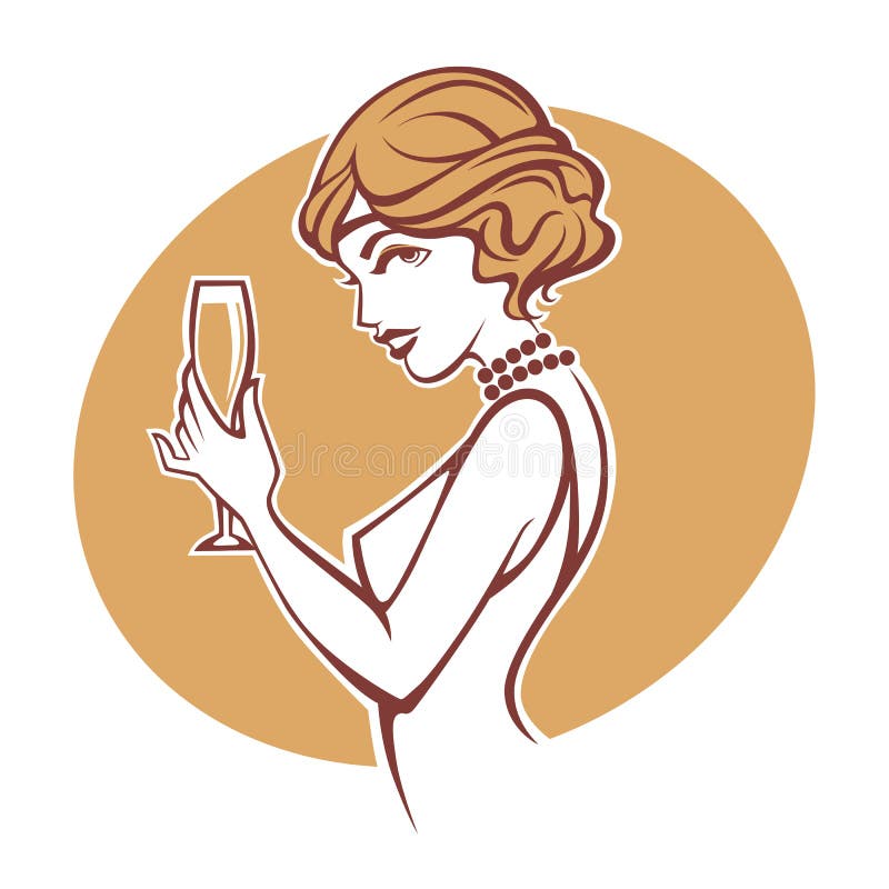 Happy hours, vector portrait of old fashioned lady