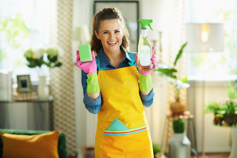 Happy Housewife With Cleaning Agent And Sponge Stock Photo Image Of