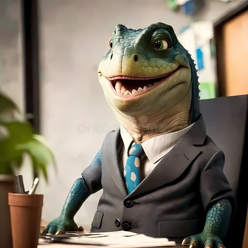 Happy Iguana Businessman Frame In Office. Generative AI royalty free illustration