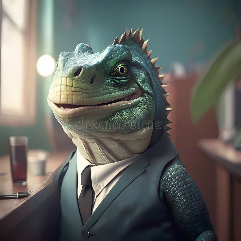 Happy Iguana Businessman Frame In Office. Generative AI stock illustration