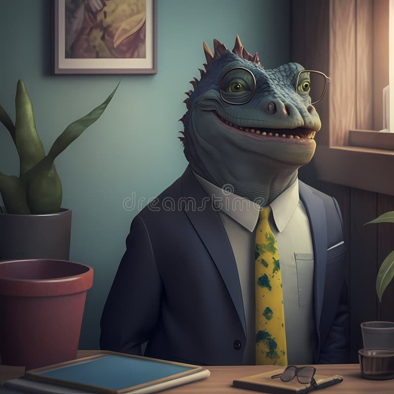 Happy Iguana Businessman Frame In Office. Generative AI vector illustration