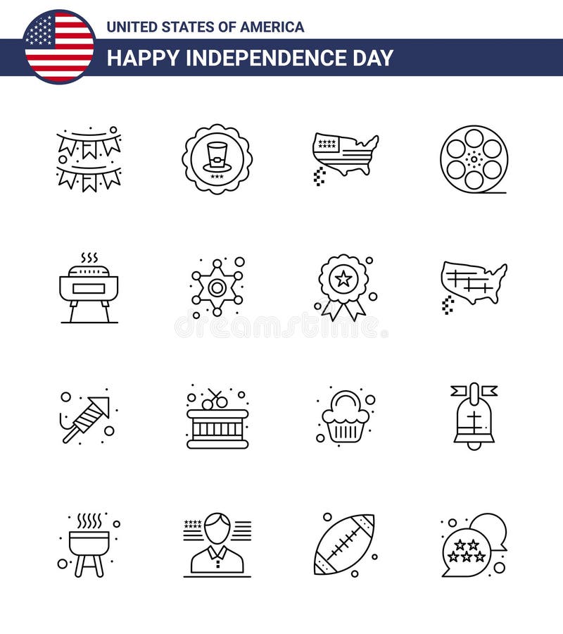 Happy Independence Day 4th July Set of 16 Lines American Pictograph of barbeque; video; usa; play; usa vector illustration
