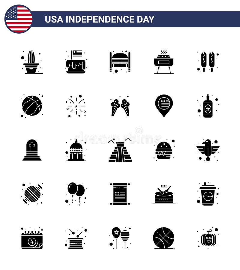 Happy Independence Day 4th July Set of 25 Solid Glyph American Pictograph of holiday; celebration; usa; barbeque; day stock illustration