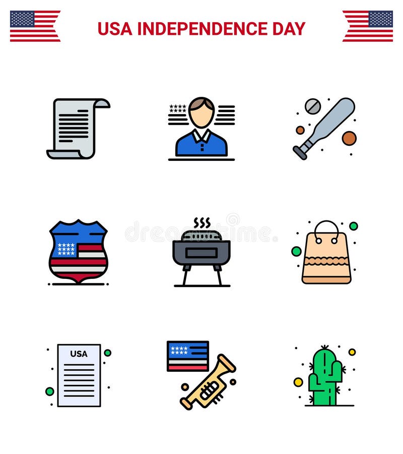 Happy Independence Day USA Pack of 9 Creative Flat Filled Lines of holiday; celebration; bat; barbeque; usa stock illustration