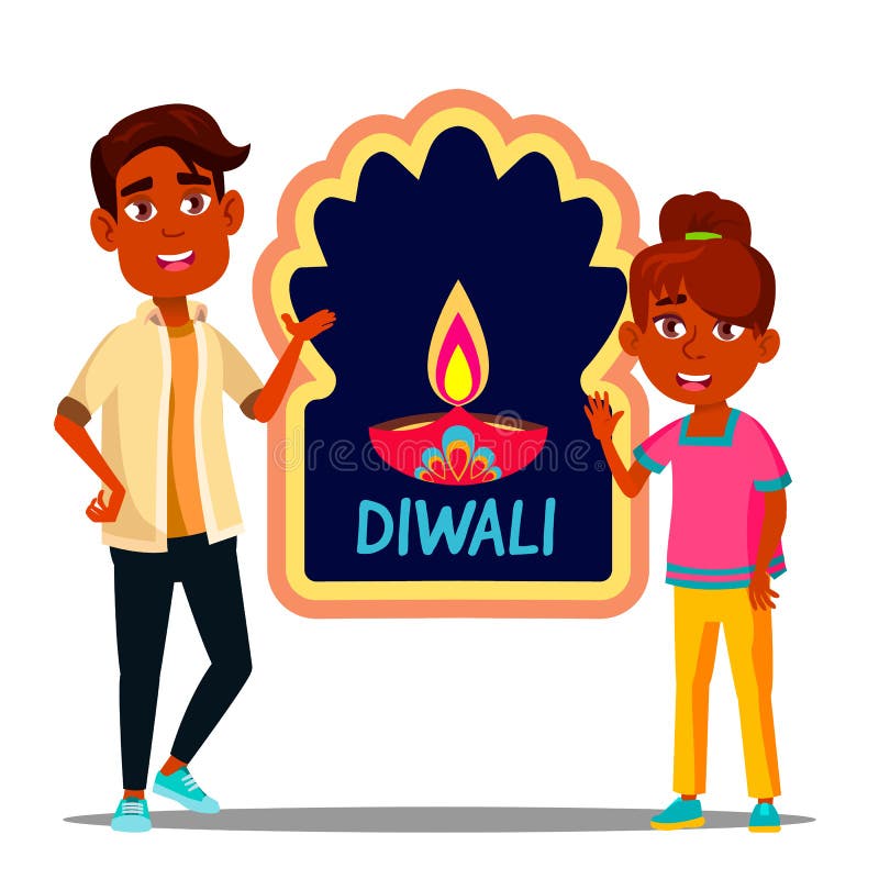 Happy Indian Children In Turban With Diwali Banner Vector. Illustration