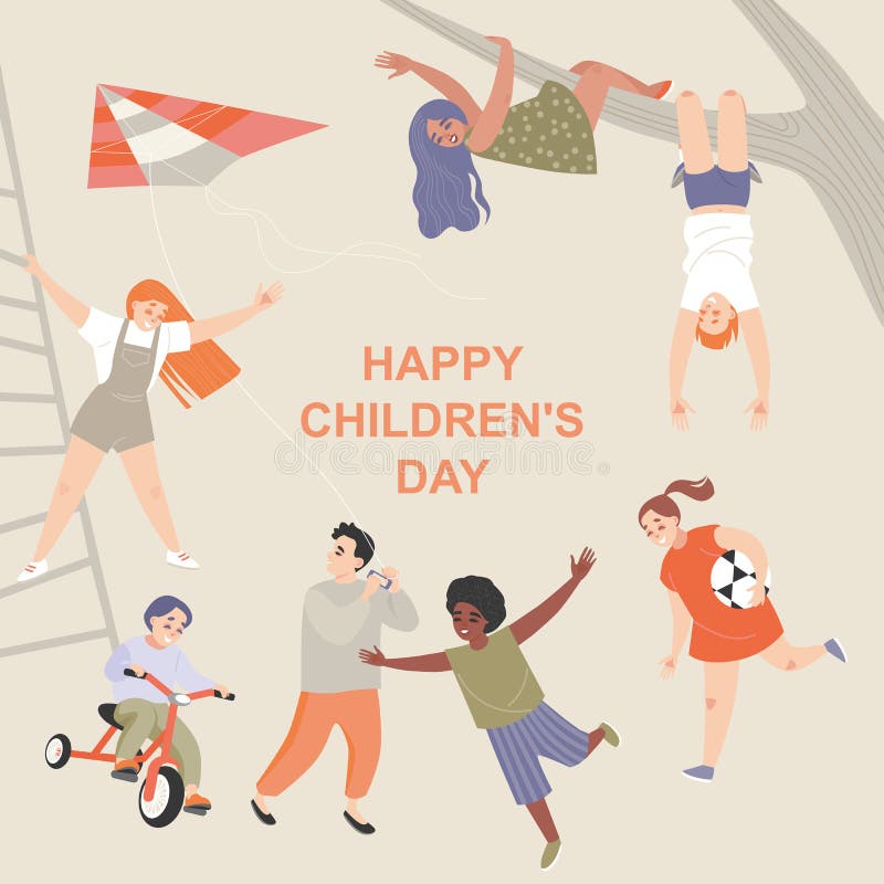 Happy International Children's Day, con un'illustrazione con dei cartoni animati che giocano e si divertono illustrazione di stock Happy International Children's Day, con un'illustrazione con dei cartoni animati che giocano e si divertono illustrazione di stock