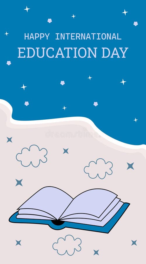 Happy International Education Day featuring an open book with stars and clouds on a blue background royalty free illustration