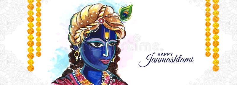 Happy Janmashtami Festival of India Lord Krishna Banner Card Background  Stock Illustration - Illustration of flute, peacock: 253320992