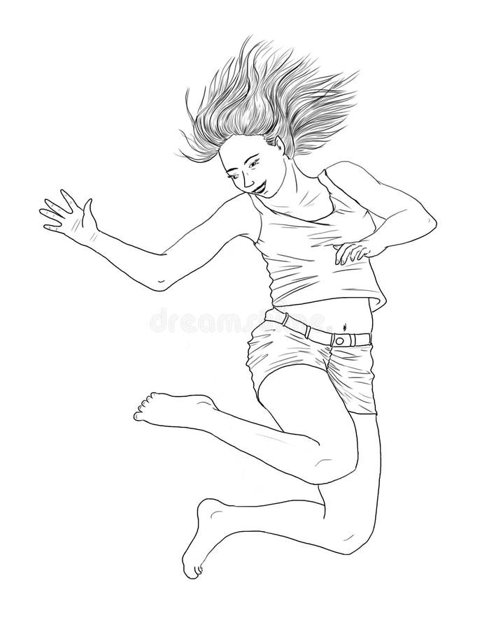 Happy jumping girl stock illustration. Illustration of drawings
