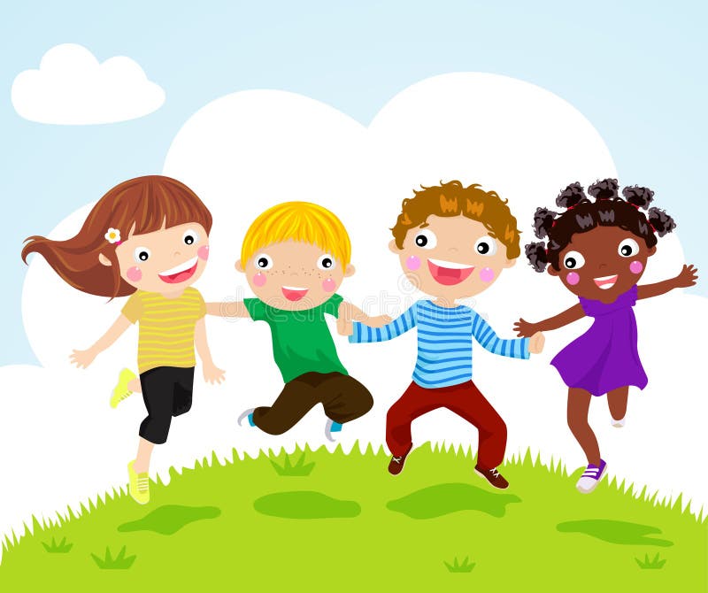 Happy jumping girls and boys