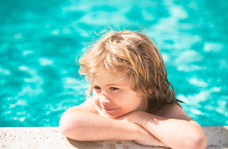 Happy Kid in Swimming Pool. Children in Tropical Resort. Family Beach ...