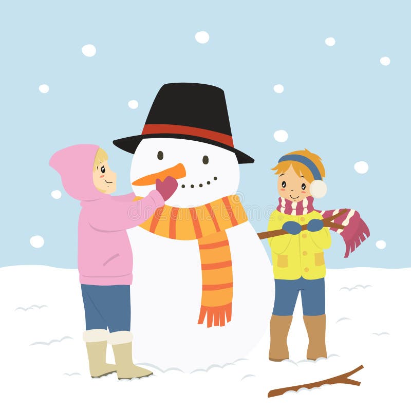 Kids Building A Snowman. Coloring Page Cartoon Vector Stock Vector