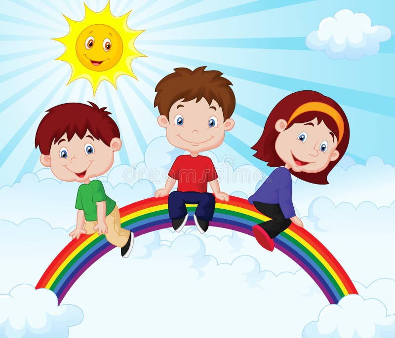 Happy Kids Cartoon Sitting on Rainbow Stock Vector - Illustration of cloud,  happy: 45743855