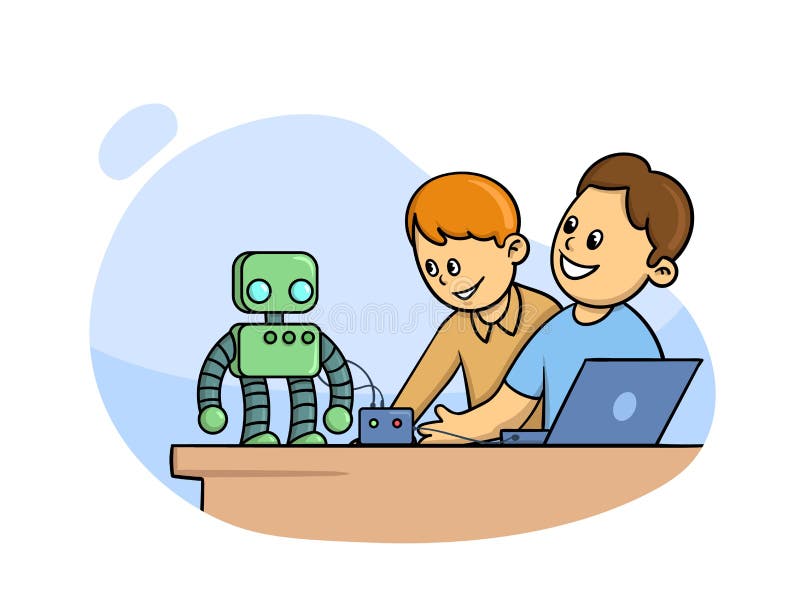 Happy kids in classroom studying robotics, science with cute little robot in front of them. Cartoon vector illustration stock illustration Happy kids in classroom studying robotics, science with cute little robot in front of them. Cartoon vector illustration stock illustration