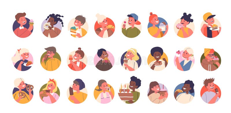 Happy Kids Enjoying Of Delicious Desserts. Cartoon Characters Round Icons Or Avatars Displaying Joy And Excitement stock illustration