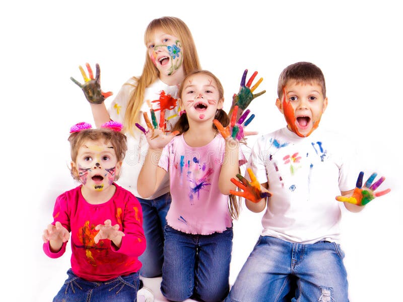 Happy kids with hands painted in colorful paints