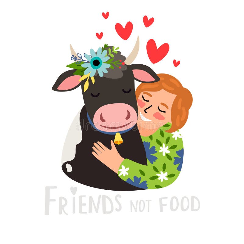 Happy kind girl shows her love to animals and hugging a cow. Nature respect concept and vegan lifestyle. Cute calf with