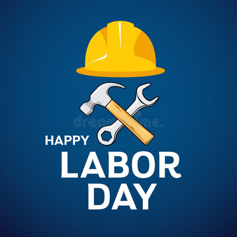 Happy Labor Day Architect cap, hammer, wrench design on blue background stock illustration