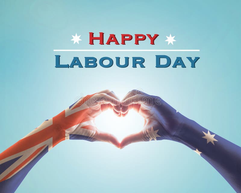 Happy Labour Day with Australia Flag Pattern on People Hands in Heart