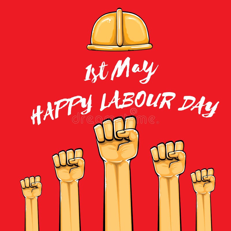 Happy Labour Day Vector Label with Strong Orange Fist Isolated on Red  