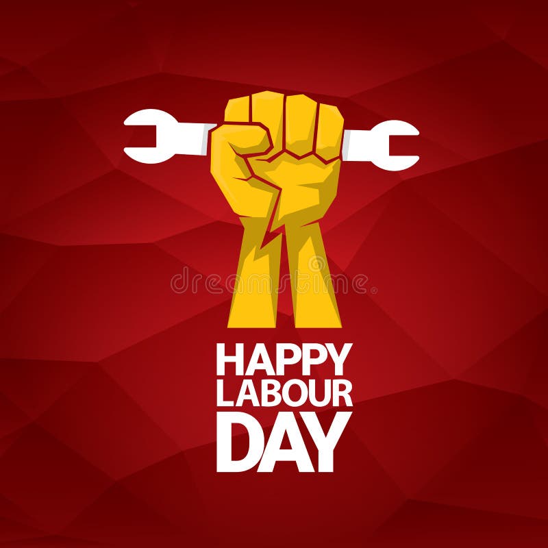 Happy Labour Day Vector Label with Strong Orange Fist on Red Background. Labor  Day Background or Banner with Man Hand Stock Vector - Illustration of  industrial, badge: 113987785