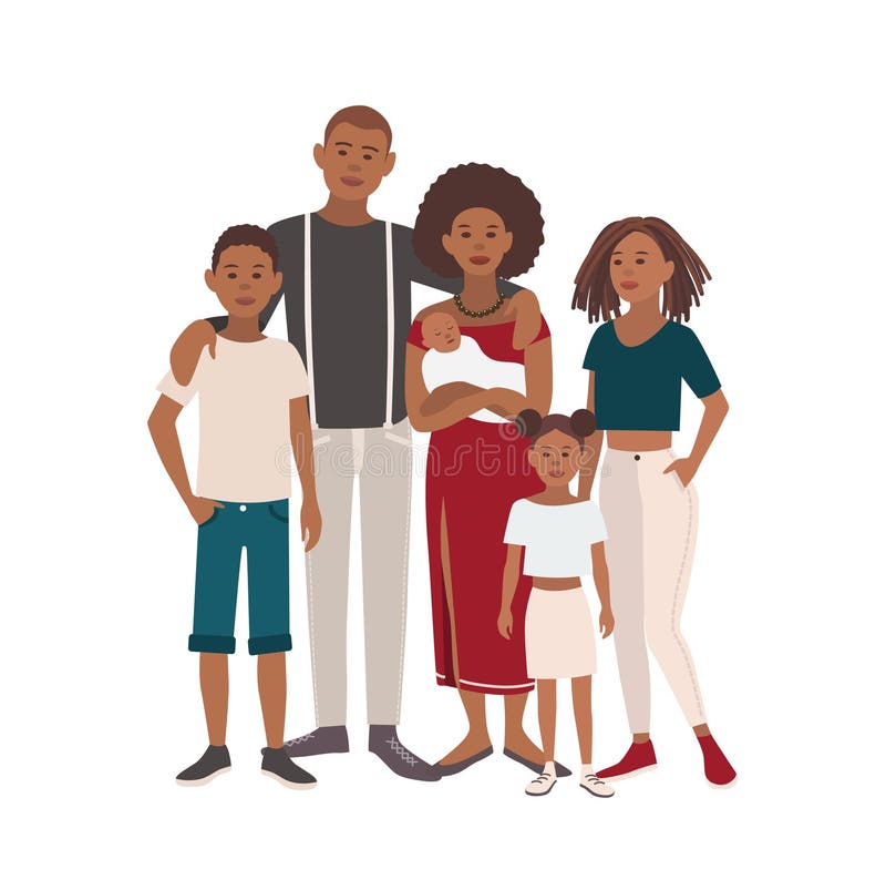 Happy large black family portrait. Father, mother, sons and daughters together. Vector illustration of a flat design.