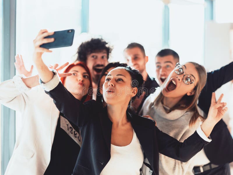 Happy Laughing Team Diverse Colleagues Posing for Selfie Portrait in ...