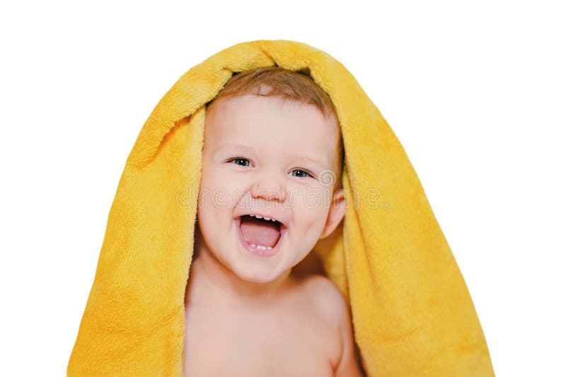 Cute Baby Boy In Yellow Towel Isolated On White Stock Image - Image of ...