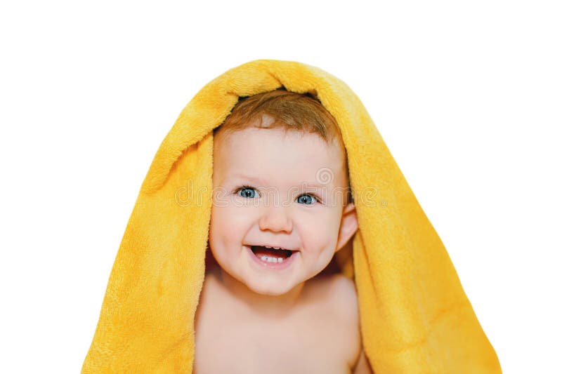 Happy Little Baby in Yellow Towel. Stock Photo - Image of happy ...